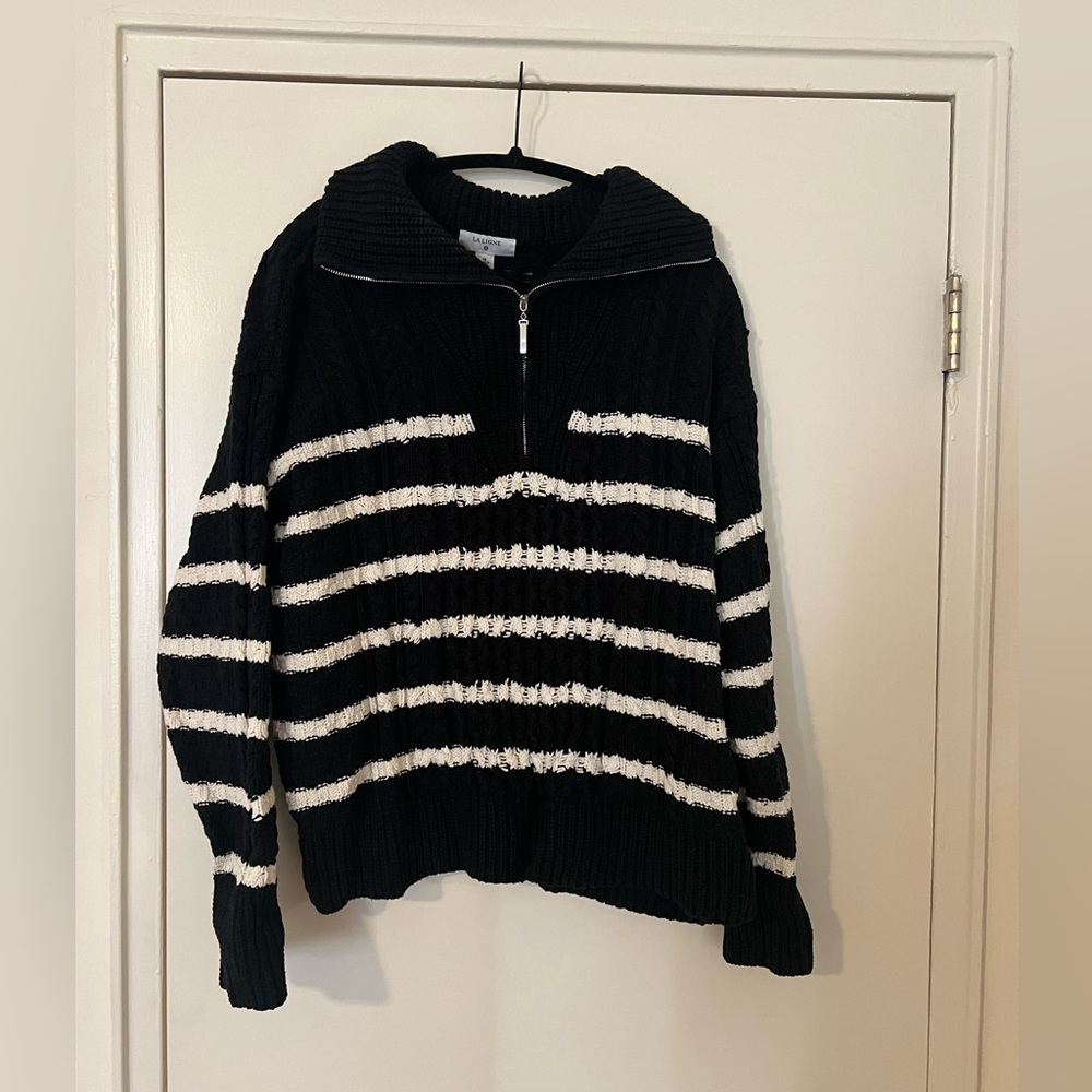 Navy/Cream Quarter Zip Striped Pullover Sweater, size 1x | La Ligne x Target